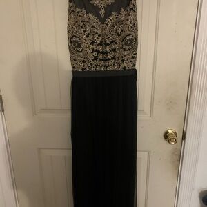 Elegant Black and Gold Lace Evening Dress